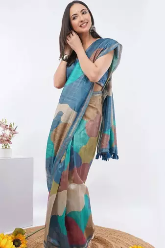 Multicolor silk blend printed saree with blouse