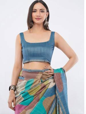 Multicolor silk blend printed saree with blouse 4