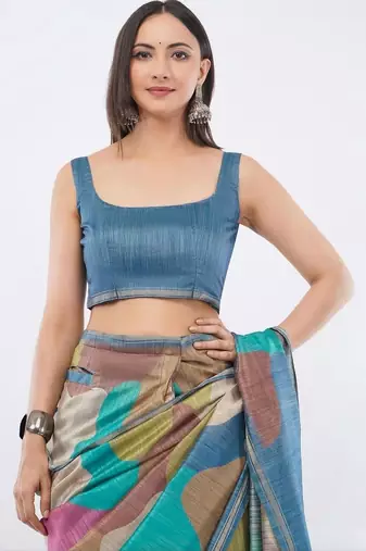 Multicolor silk blend printed saree with blouse