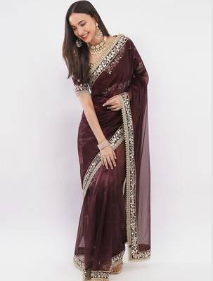 Maroon net embellished saree with blouse 1