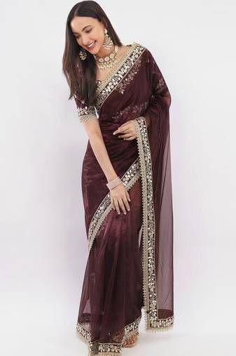 Maroon net embellished saree with blouse