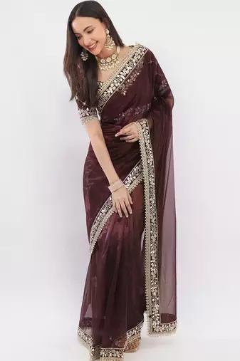Maroon net embellished saree with blouse