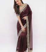 Maroon net embellished saree with blouse