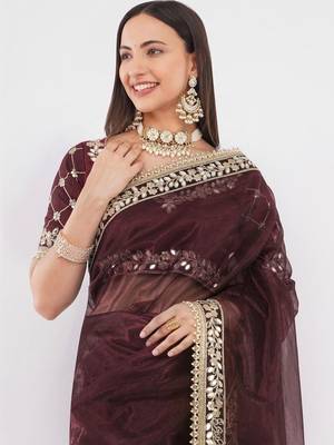 Maroon net embellished saree with blouse 2