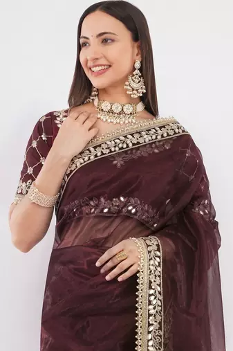 Maroon net embellished saree with blouse