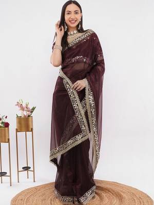 Maroon net embellished saree with blouse 3