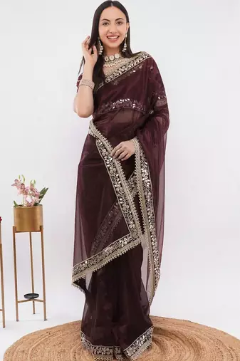 Maroon net embellished saree with blouse