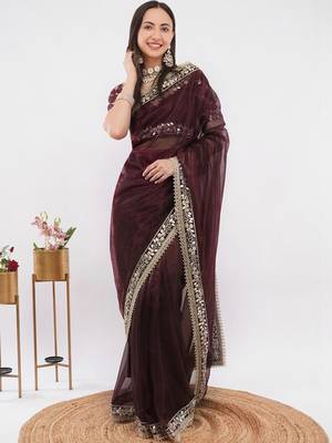 Maroon net embellished saree with blouse 4