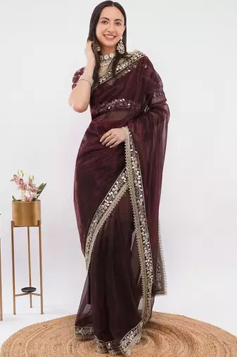 Maroon net embellished saree with blouse