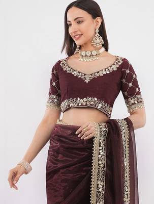 Maroon net embellished saree with blouse 5