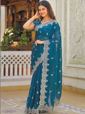 Teal pure chiffon embroidered saree with blouse 1