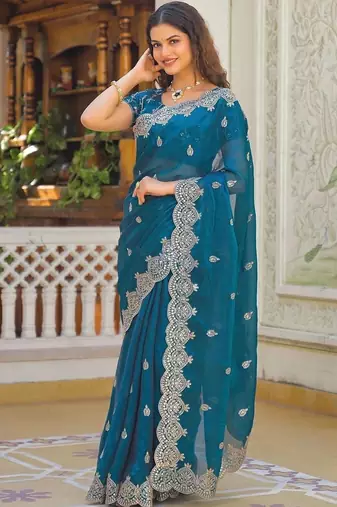 Teal pure chiffon embroidered saree with blouse