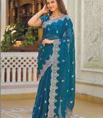 Teal pure chiffon embroidered saree with blouse