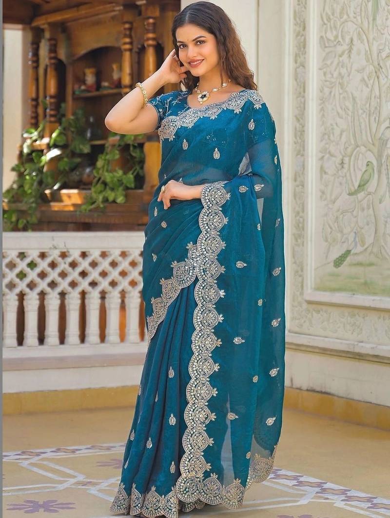 Teal pure chiffon embroidered saree with blouse