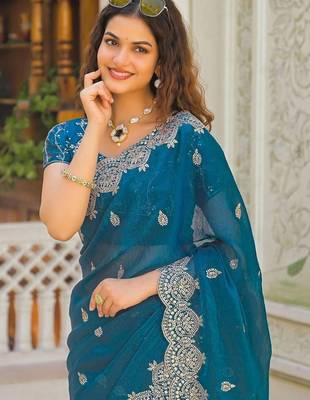 Teal pure chiffon embroidered saree with blouse 2