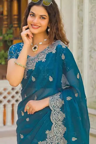 Teal pure chiffon embroidered saree with blouse