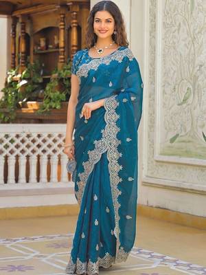 Teal pure chiffon embroidered saree with blouse 3