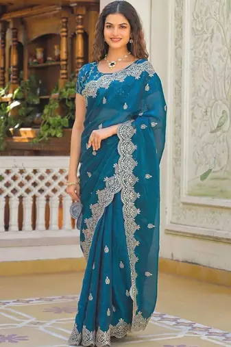 Teal pure chiffon embroidered saree with blouse