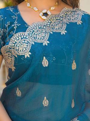Teal pure chiffon embroidered saree with blouse 5