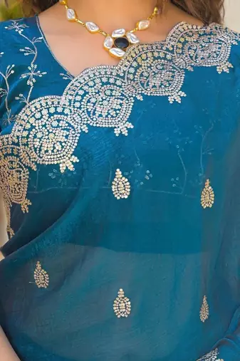 Teal pure chiffon embroidered saree with blouse