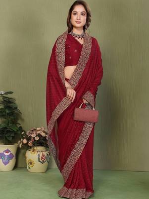 Maroon silk blend embroidered saree with blouse 1
