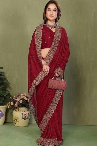 Maroon silk blend embroidered saree with blouse