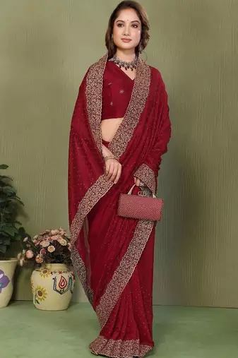 Maroon silk blend embroidered saree with blouse