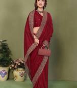 Maroon silk blend embroidered saree with blouse