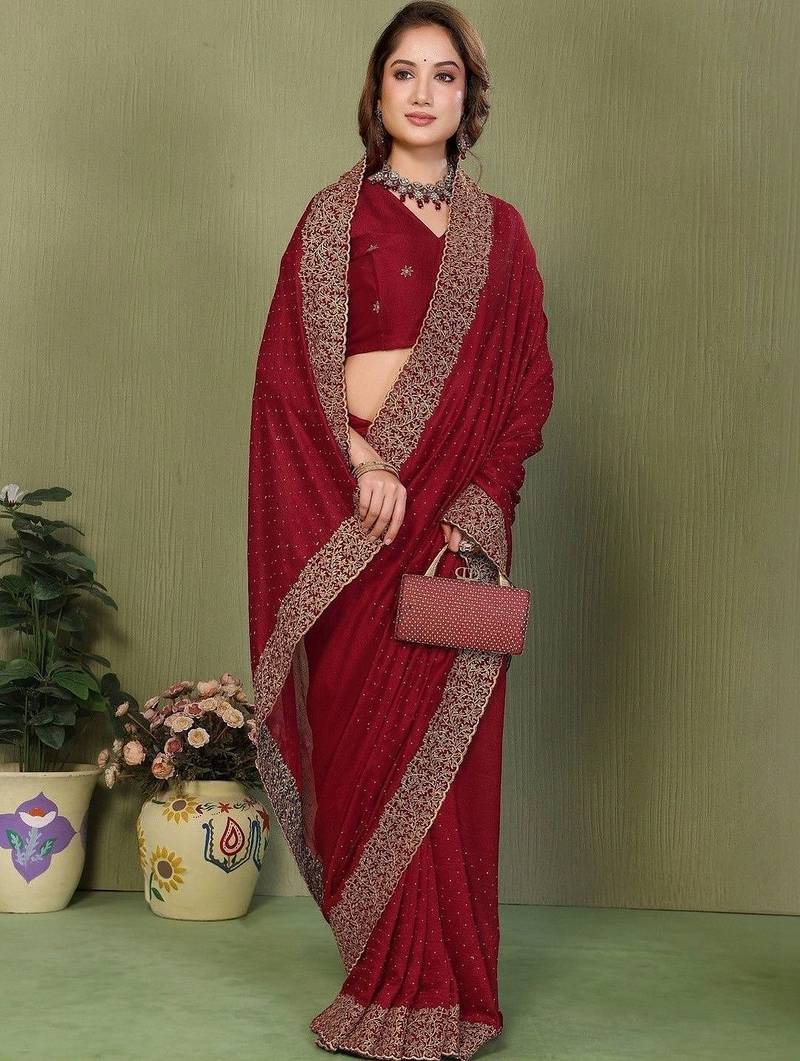 Maroon silk blend embroidered saree with blouse