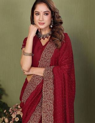 Maroon silk blend embroidered saree with blouse 2