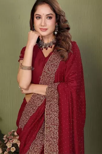 Maroon silk blend embroidered saree with blouse