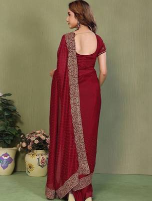 Maroon silk blend embroidered saree with blouse 3