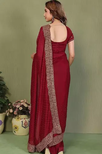 Maroon silk blend embroidered saree with blouse