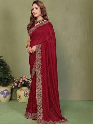 Maroon silk blend embroidered saree with blouse 4