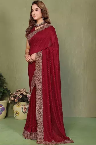 Maroon silk blend embroidered saree with blouse