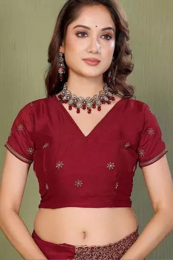 Maroon silk blend embroidered saree with blouse