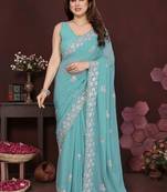 Turquoise pure georgette embroidered saree with blouse