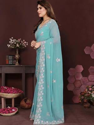 Turquoise pure georgette embroidered saree with blouse 2