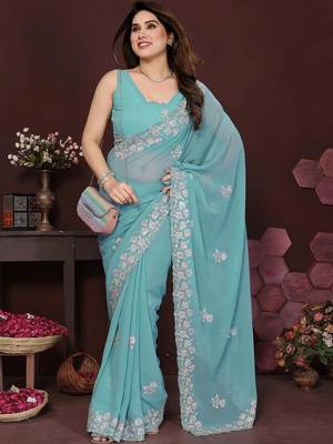 Turquoise pure georgette embroidered saree with blouse 3