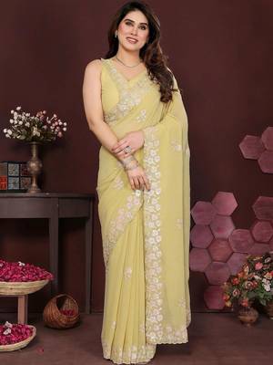 Yellow pure georgette embroidered saree with blouse 1