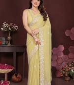 Yellow pure georgette embroidered saree with blouse