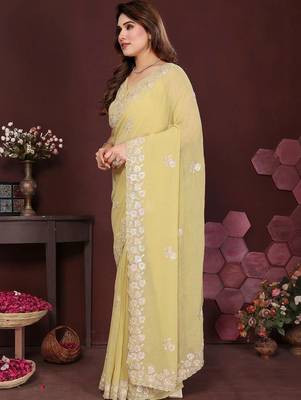 Yellow pure georgette embroidered saree with blouse 2
