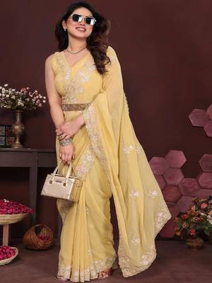 Yellow pure georgette embroidered saree with blouse 3