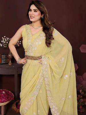 Yellow pure georgette embroidered saree with blouse 5