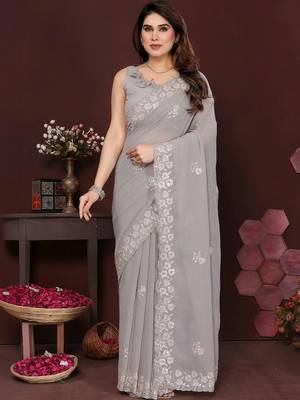 Grey pure georgette embroidered saree with blouse 1