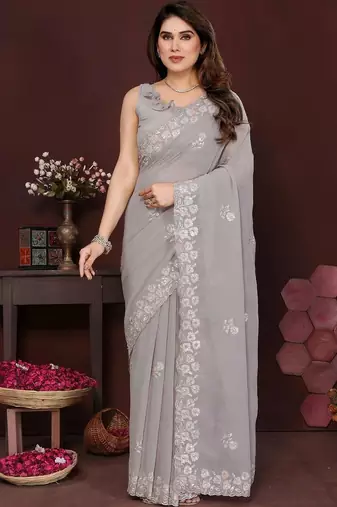 Grey pure georgette embroidered saree with blouse