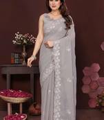 Grey pure georgette embroidered saree with blouse