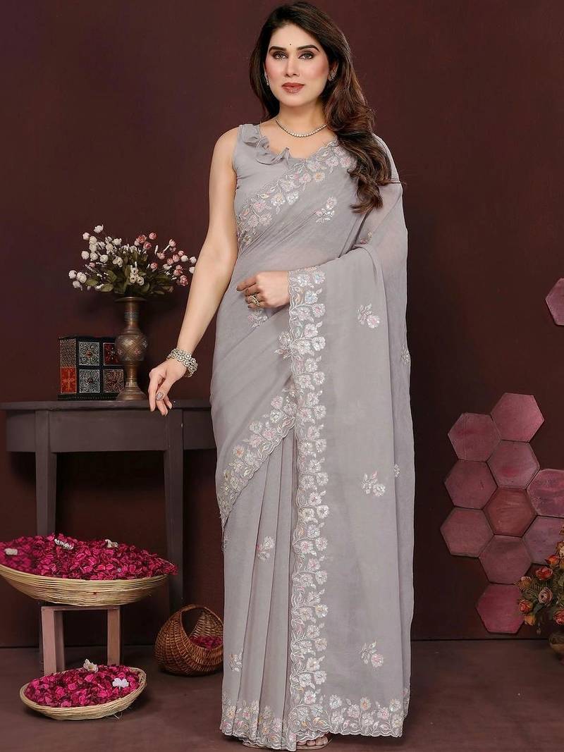 Grey pure georgette embroidered saree with blouse