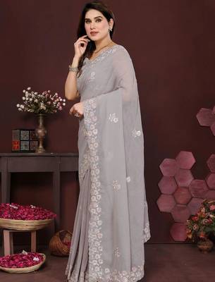 Grey pure georgette embroidered saree with blouse 2