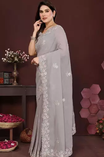 Grey pure georgette embroidered saree with blouse